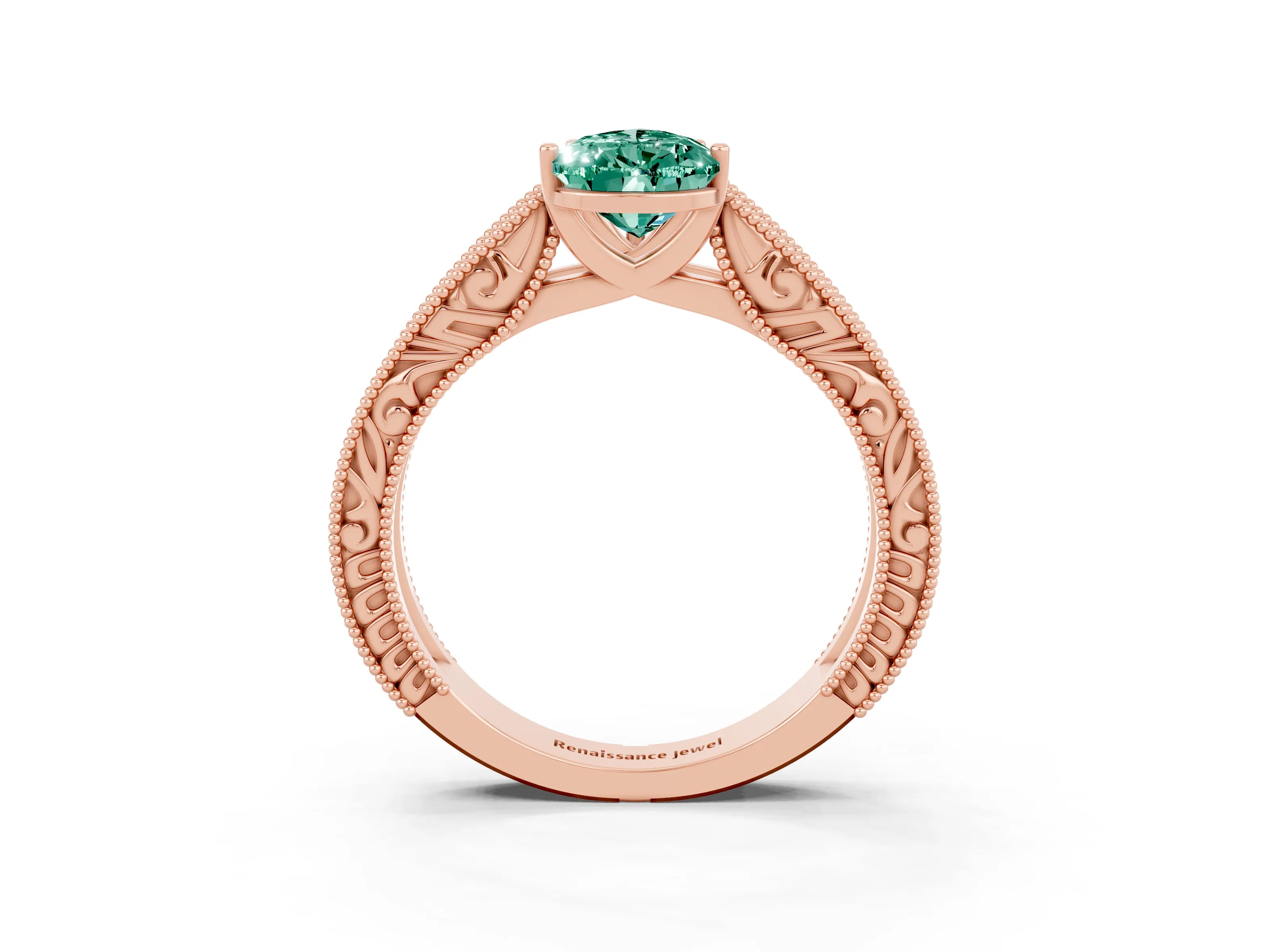 Rose gold Pear Cut Green Sapphire Solitaire Ring with Engraved Band and Four-Prong Setting_3
