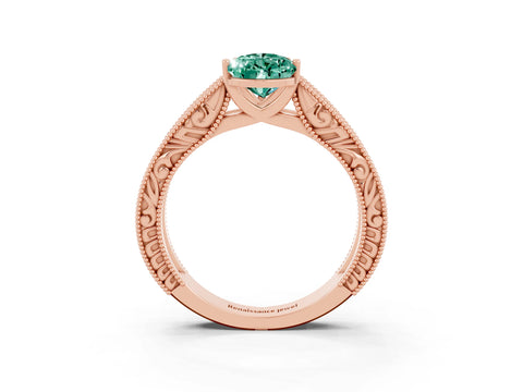 Rose gold Pear Cut Green Sapphire Solitaire Ring with Engraved Band and Four-Prong Setting_3