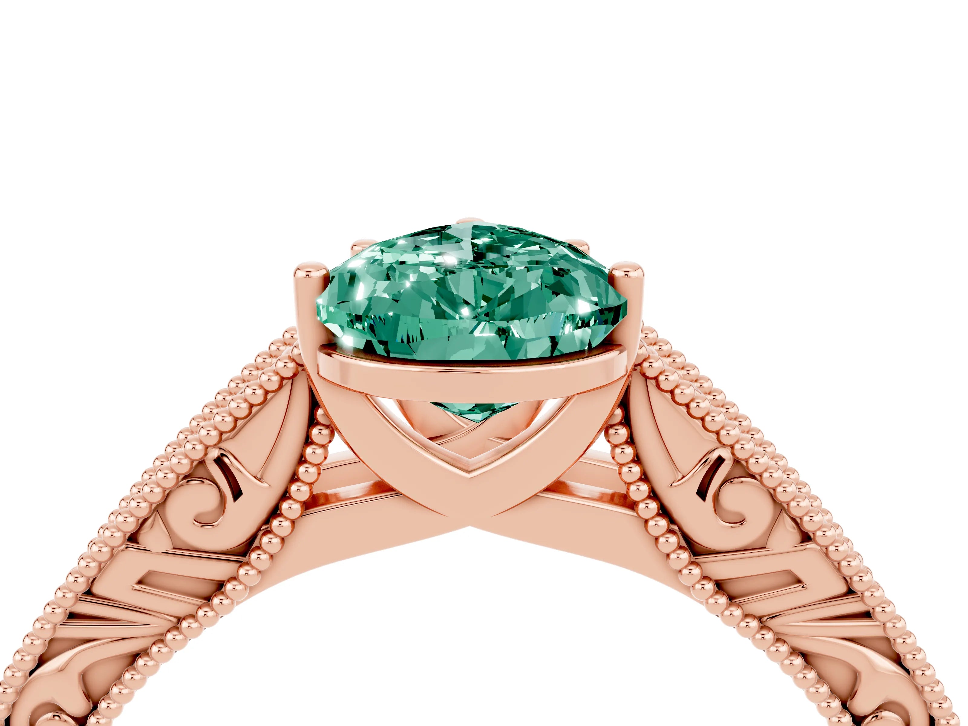 Rose gold Pear Cut Green Sapphire Solitaire Ring with Engraved Band and Four-Prong Setting_4