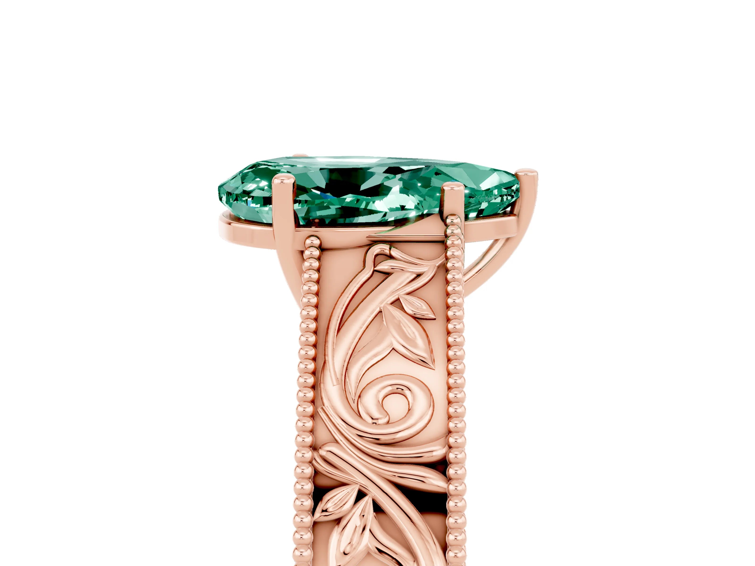 Rose gold Pear Cut Green Sapphire Solitaire Ring with Engraved Band and Four-Prong Setting_5
