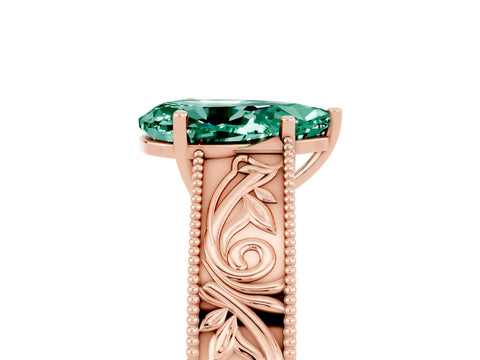 Rose gold Pear Cut Green Sapphire Solitaire Ring with Engraved Band and Four-Prong Setting_5