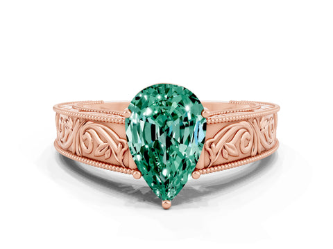 Rose gold Pear Cut Green Sapphire Solitaire Ring with Engraved Band and Four-Prong Setting