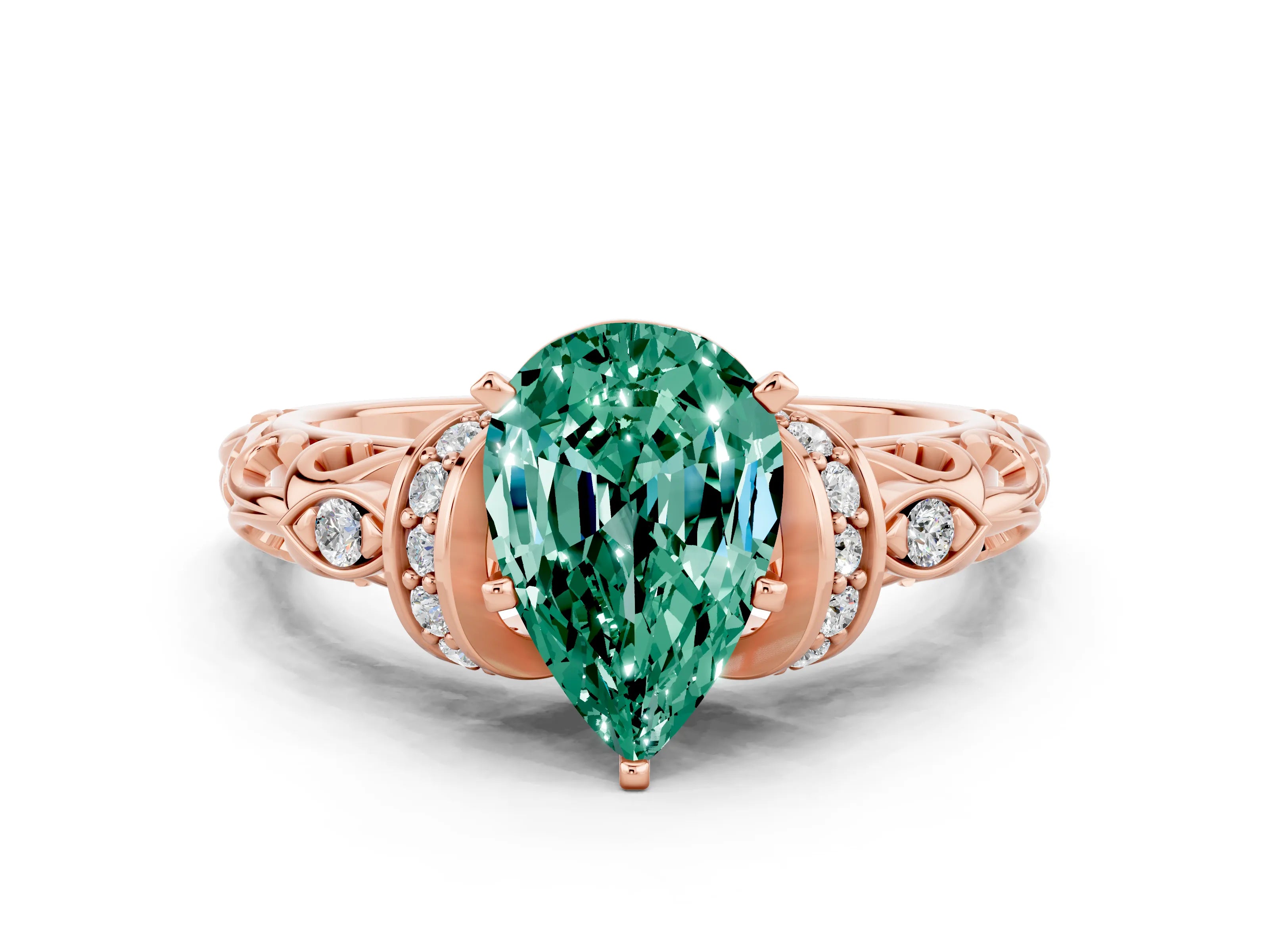 Rose gold Pear Cut Green Sapphire Solitaire Ring with Filigree Band and Four-Prong Setting_24