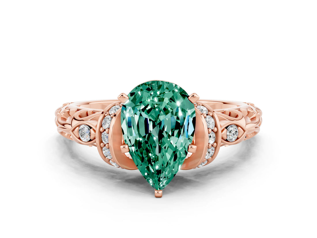 Rose gold Pear Cut Green Sapphire Solitaire Ring with Filigree Band and Four-Prong Setting_24