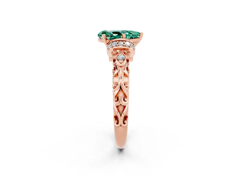 Rose gold Pear Cut Green Sapphire Solitaire Ring with Filigree Band and Four-Prong Setting_26