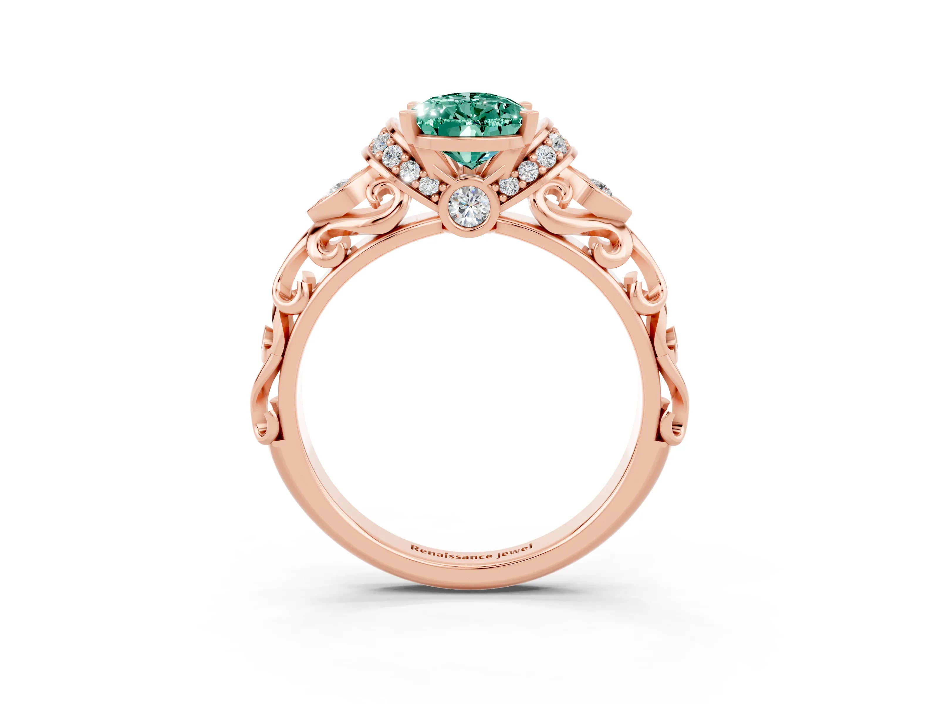 Rose gold Pear Cut Green Sapphire Solitaire Ring with Filigree Band and Four-Prong Setting_27