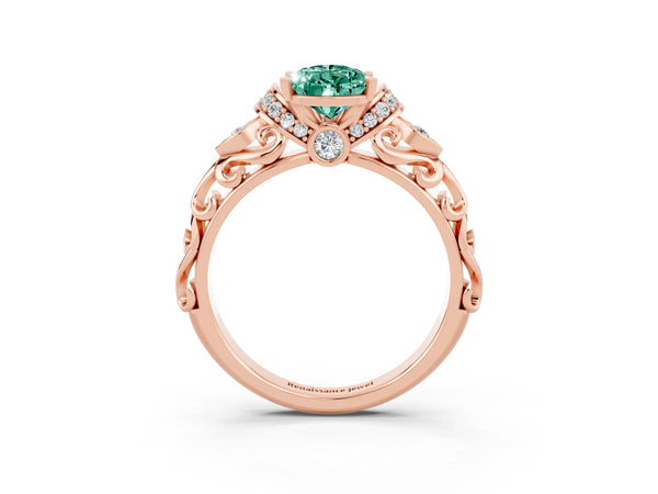 Rose gold Pear Cut Green Sapphire Solitaire Ring with Filigree Band and Four-Prong Setting