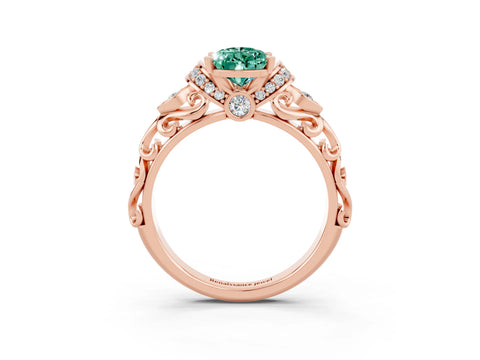 Rose gold Pear Cut Green Sapphire Solitaire Ring with Filigree Band and Four-Prong Setting_27