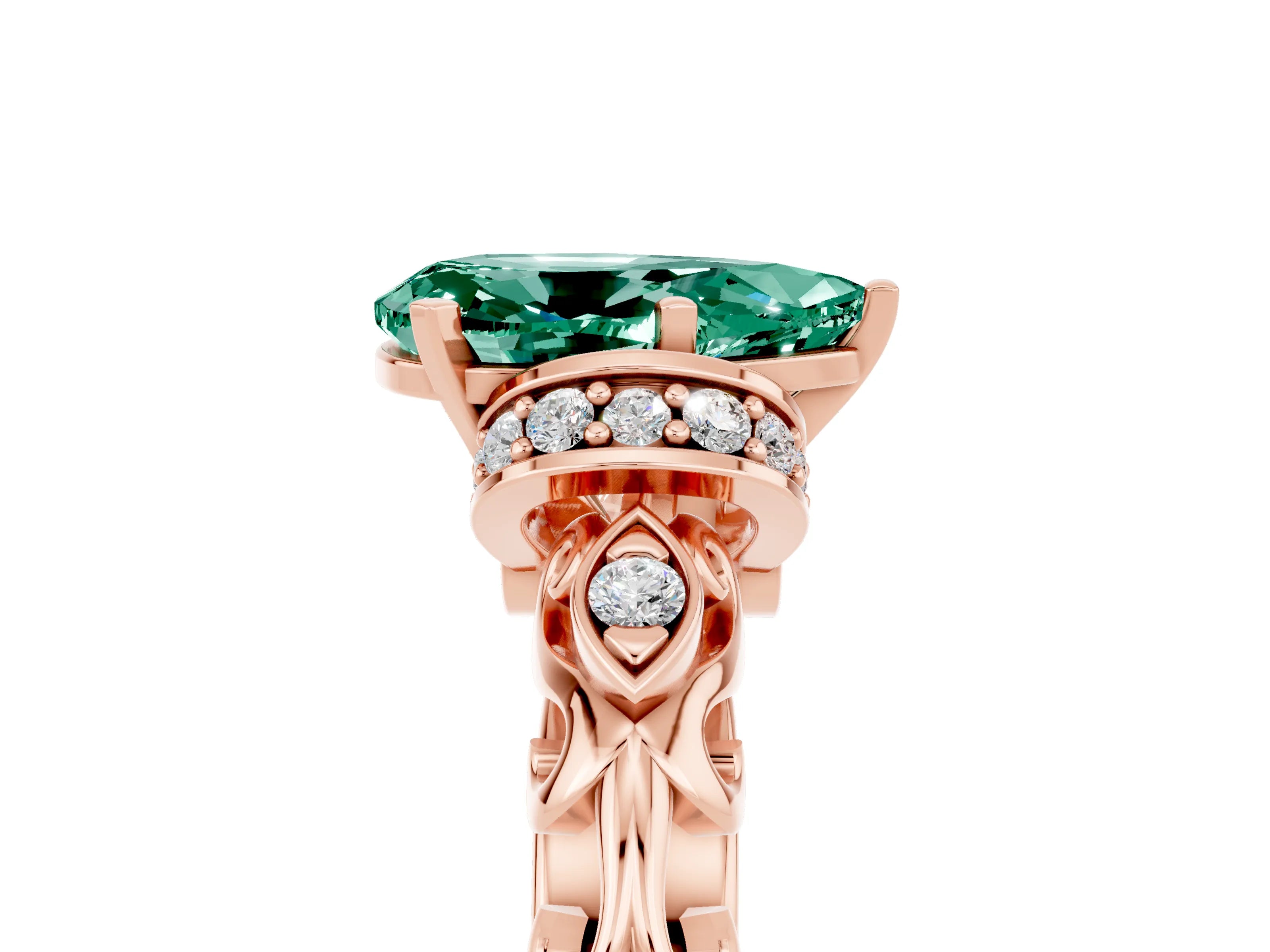 Rose gold Pear Cut Green Sapphire Solitaire Ring with Filigree Band and Four-Prong Setting_29