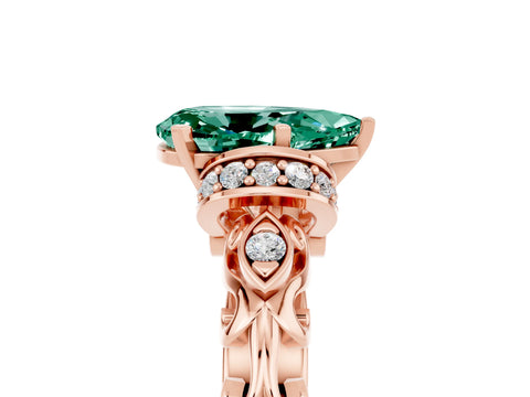 Rose gold Pear Cut Green Sapphire Solitaire Ring with Filigree Band and Four-Prong Setting_29