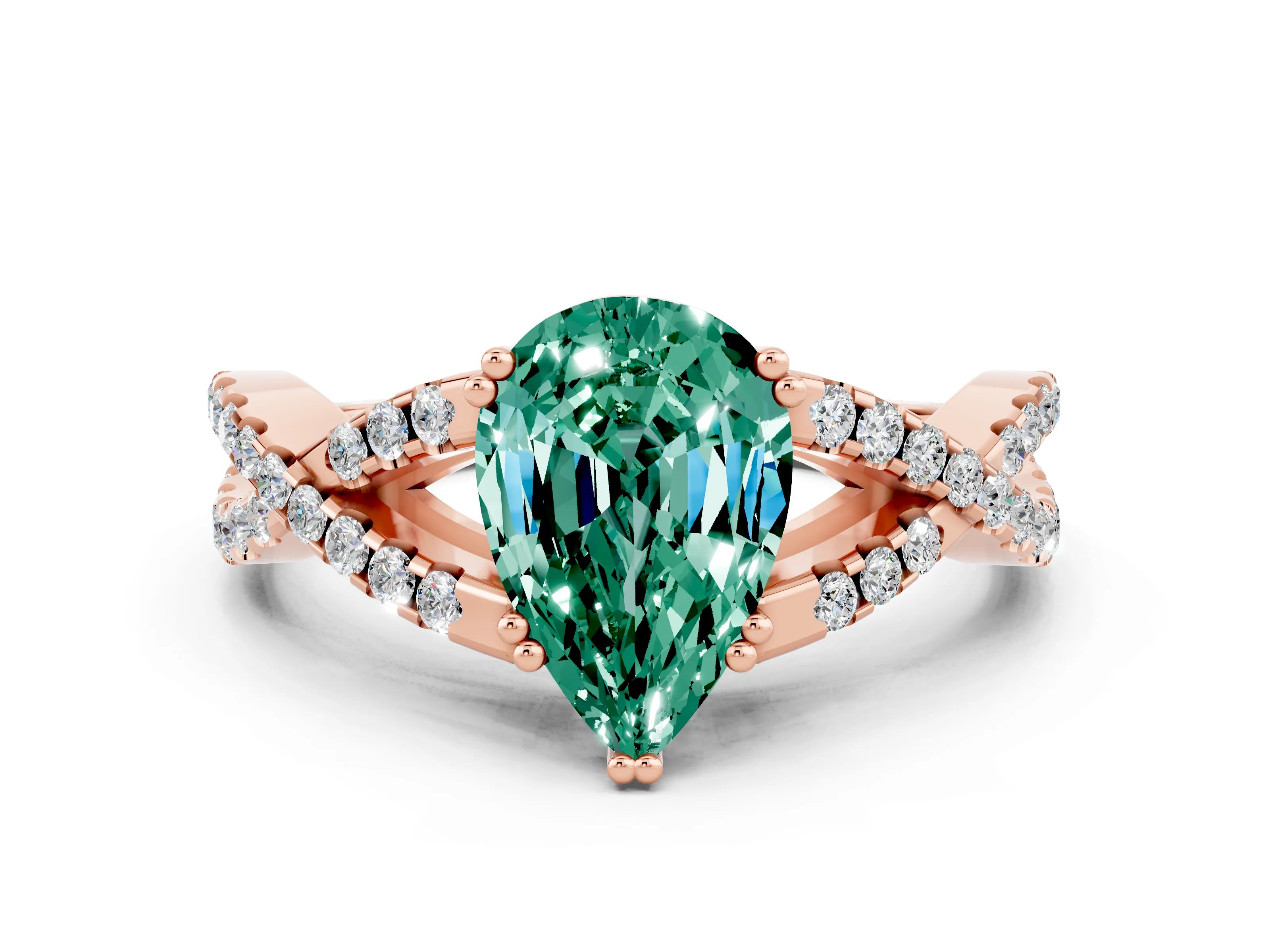Rose gold Pear Cut Green Sapphire Solitaire Ring with Four-Prong Setting and Twisted Pavé Band