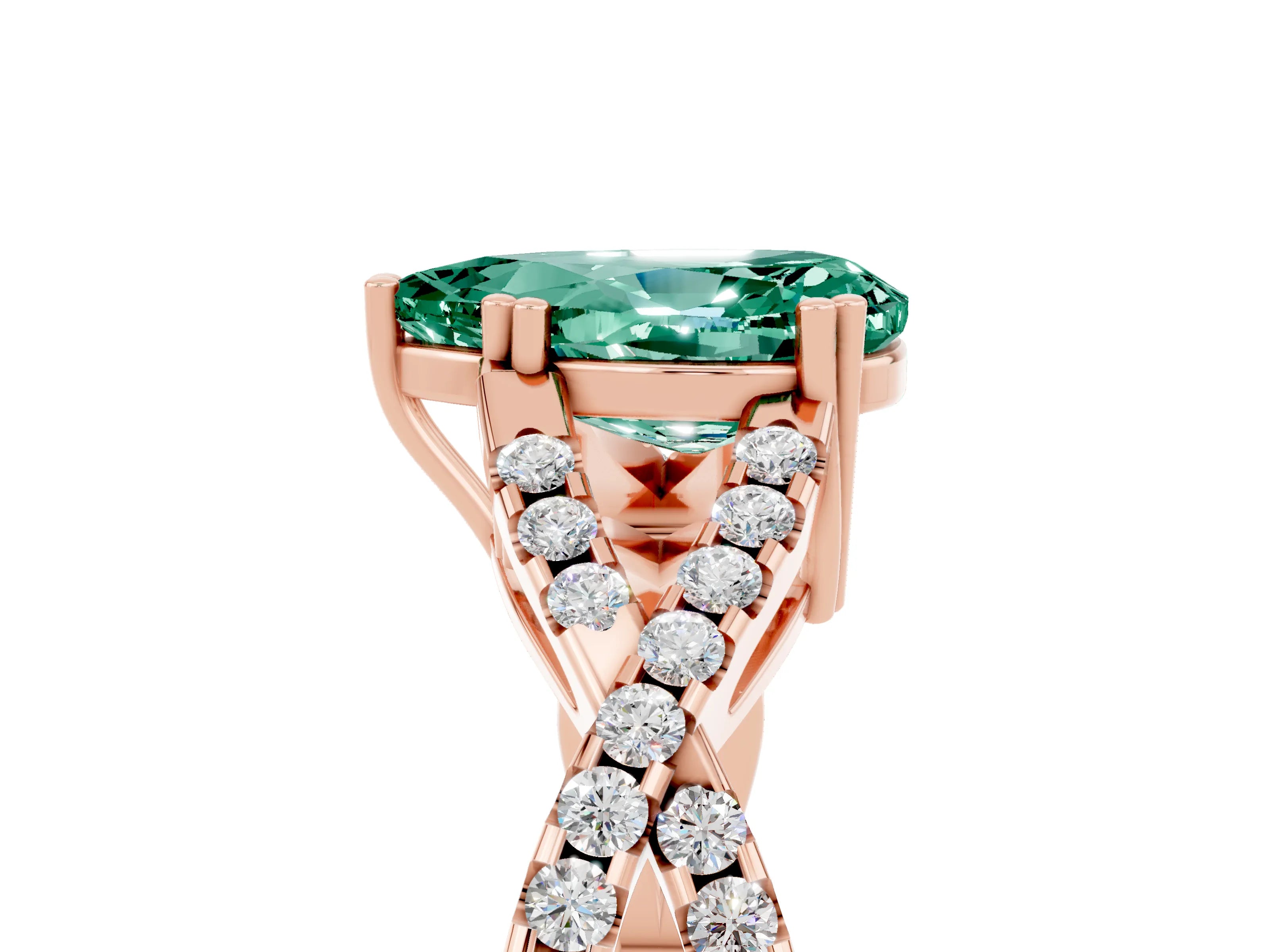 Rose gold Pear Cut Green Sapphire Solitaire Ring with Four-Prong Setting and Twisted Pavé Band_5