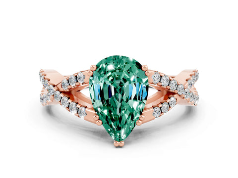 Rose gold Pear Cut Green Sapphire Solitaire Ring with Four-Prong Setting and Twisted Pavé Band