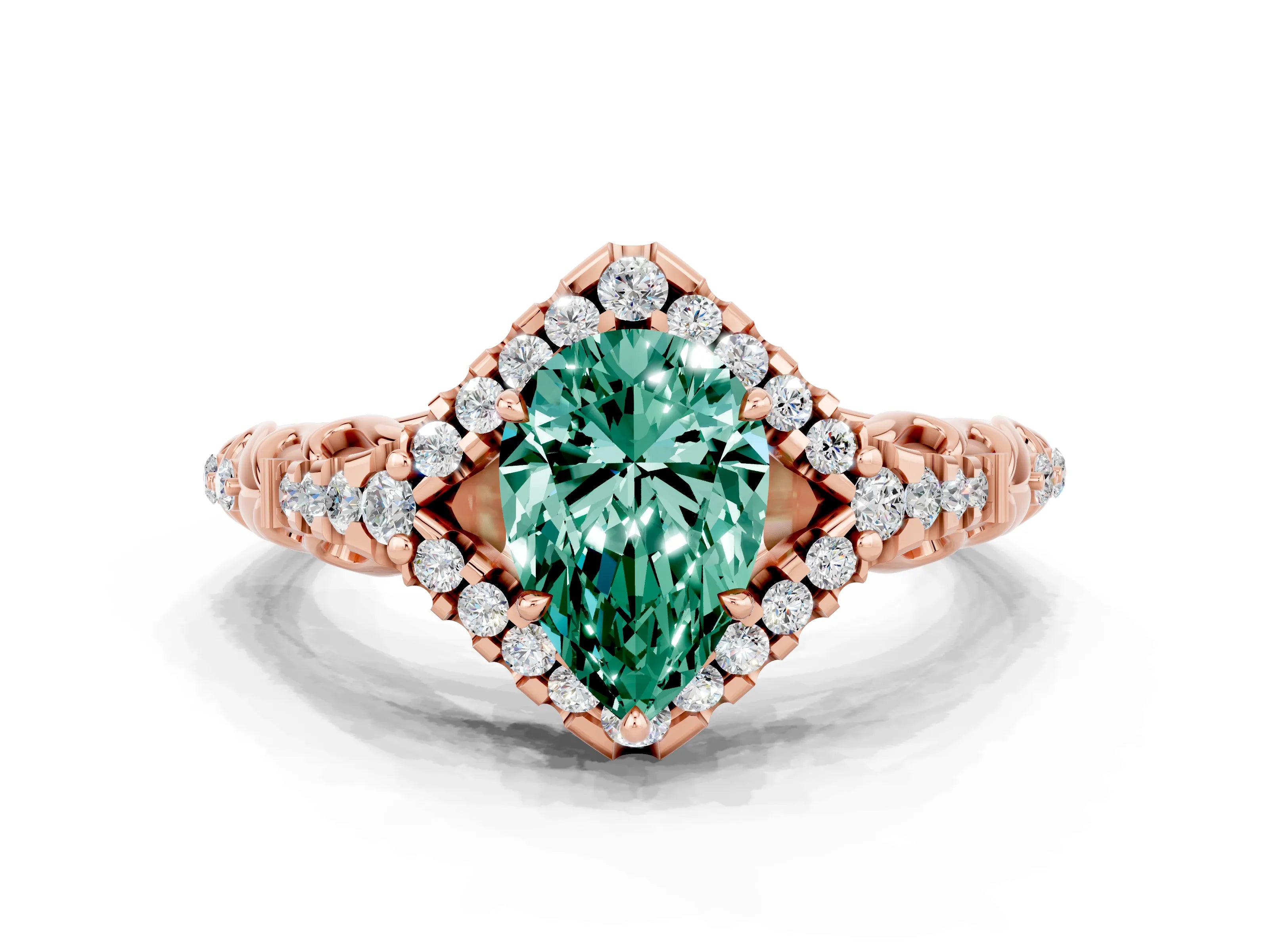 Rose gold Pear Cut Green Sapphire Solitaire Ring with Hidden Halo and Pavé Band_12