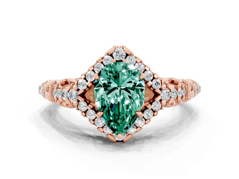 Rose gold Pear Cut Green Sapphire Solitaire Ring with Hidden Halo and Pavé Band_12