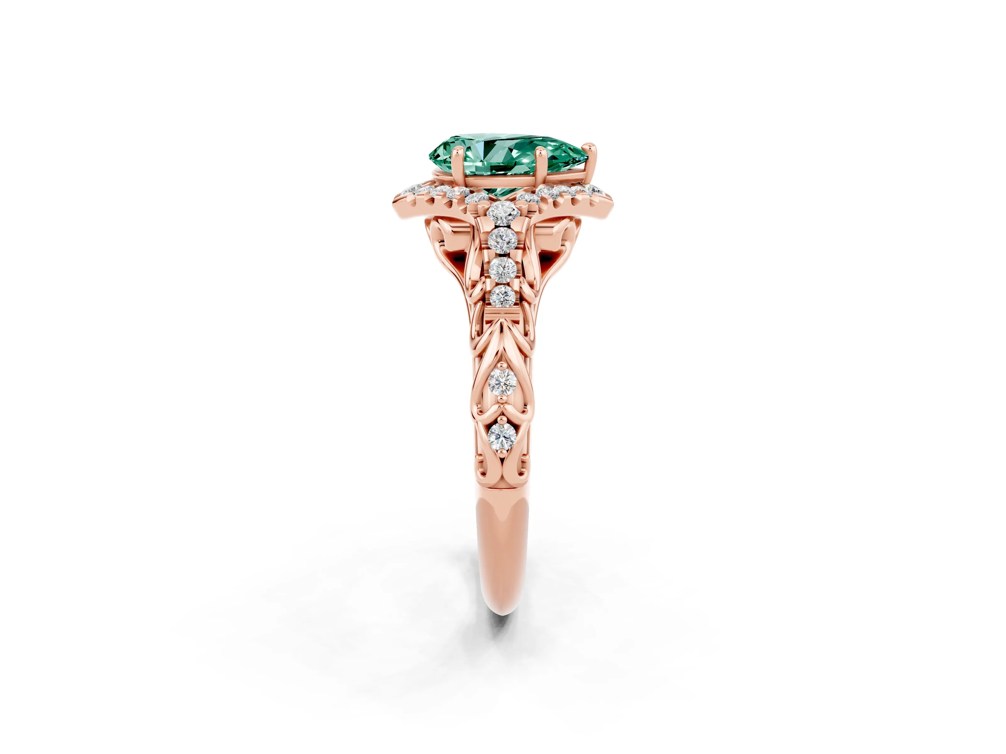 Rose gold Pear Cut Green Sapphire Solitaire Ring with Hidden Halo and Pavé Band_14