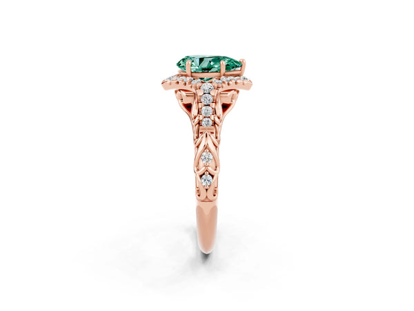 Rose gold Pear Cut Green Sapphire Solitaire Ring with Hidden Halo and Pavé Band
