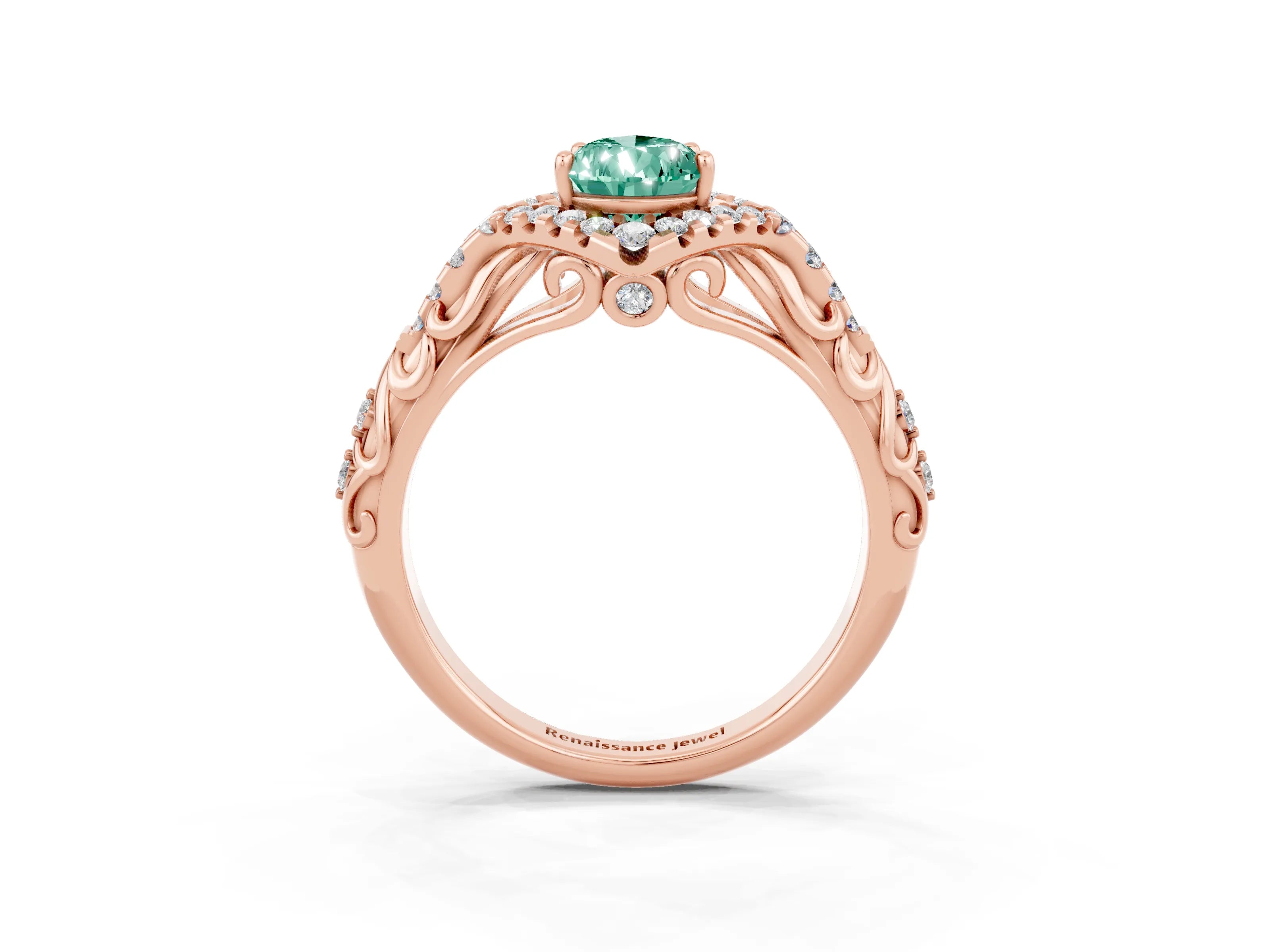 Rose gold Pear Cut Green Sapphire Solitaire Ring with Hidden Halo and Pavé Band_15