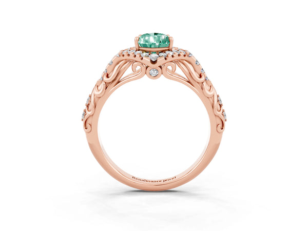 Rose gold Pear Cut Green Sapphire Solitaire Ring with Hidden Halo and Pavé Band