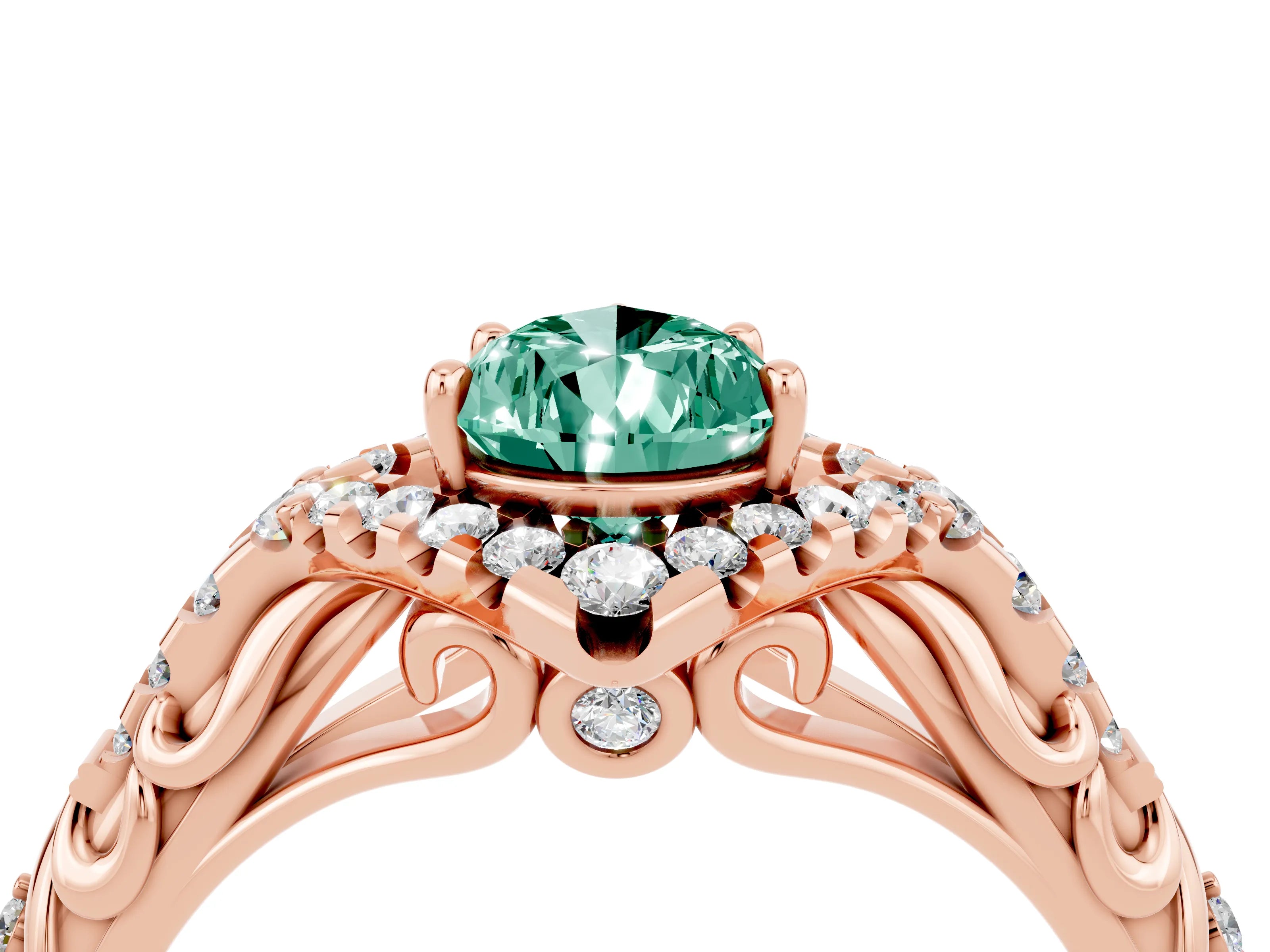 Rose gold Pear Cut Green Sapphire Solitaire Ring with Hidden Halo and Pavé Band_16