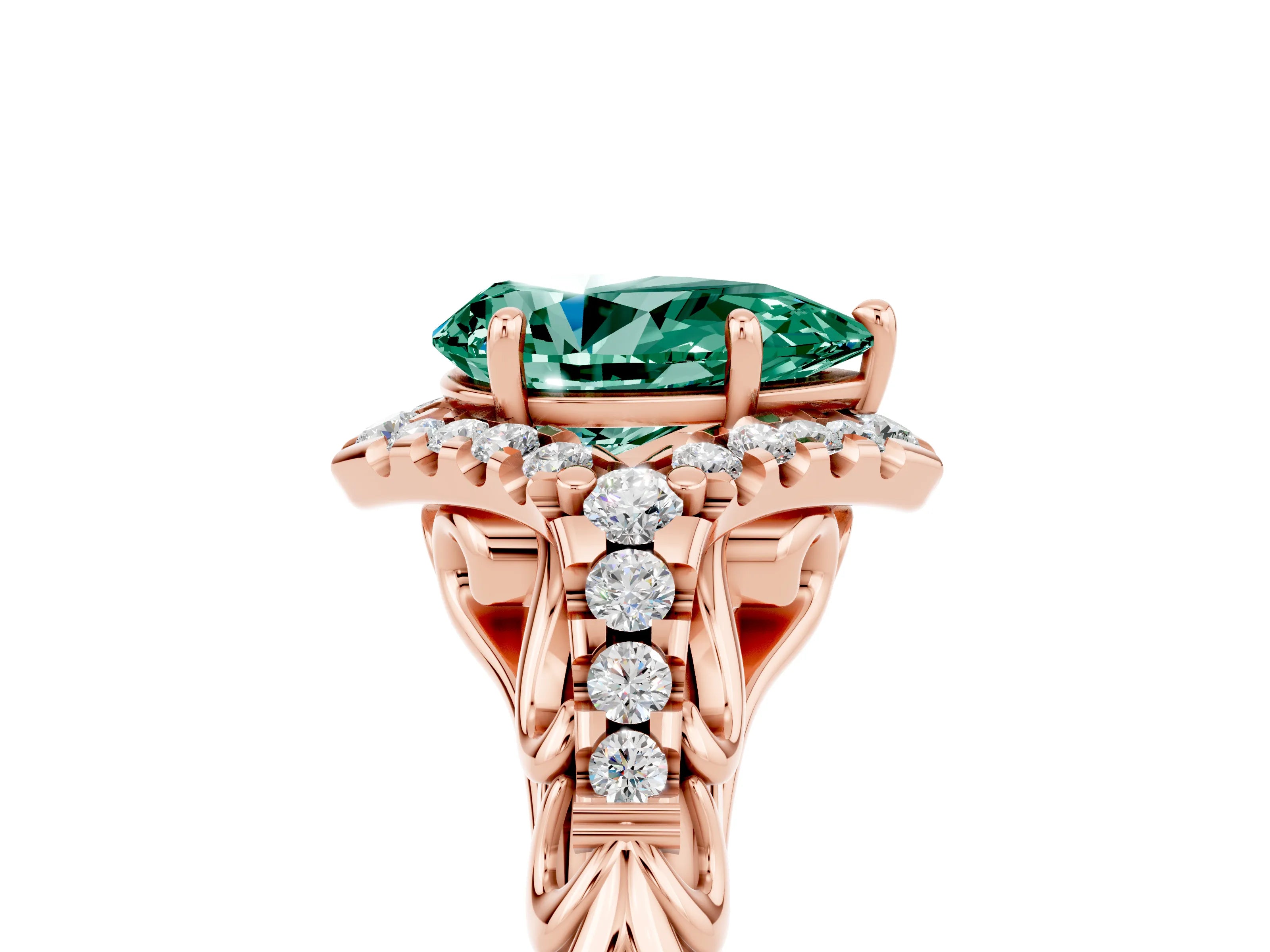 Rose gold Pear Cut Green Sapphire Solitaire Ring with Hidden Halo and Pavé Band_17