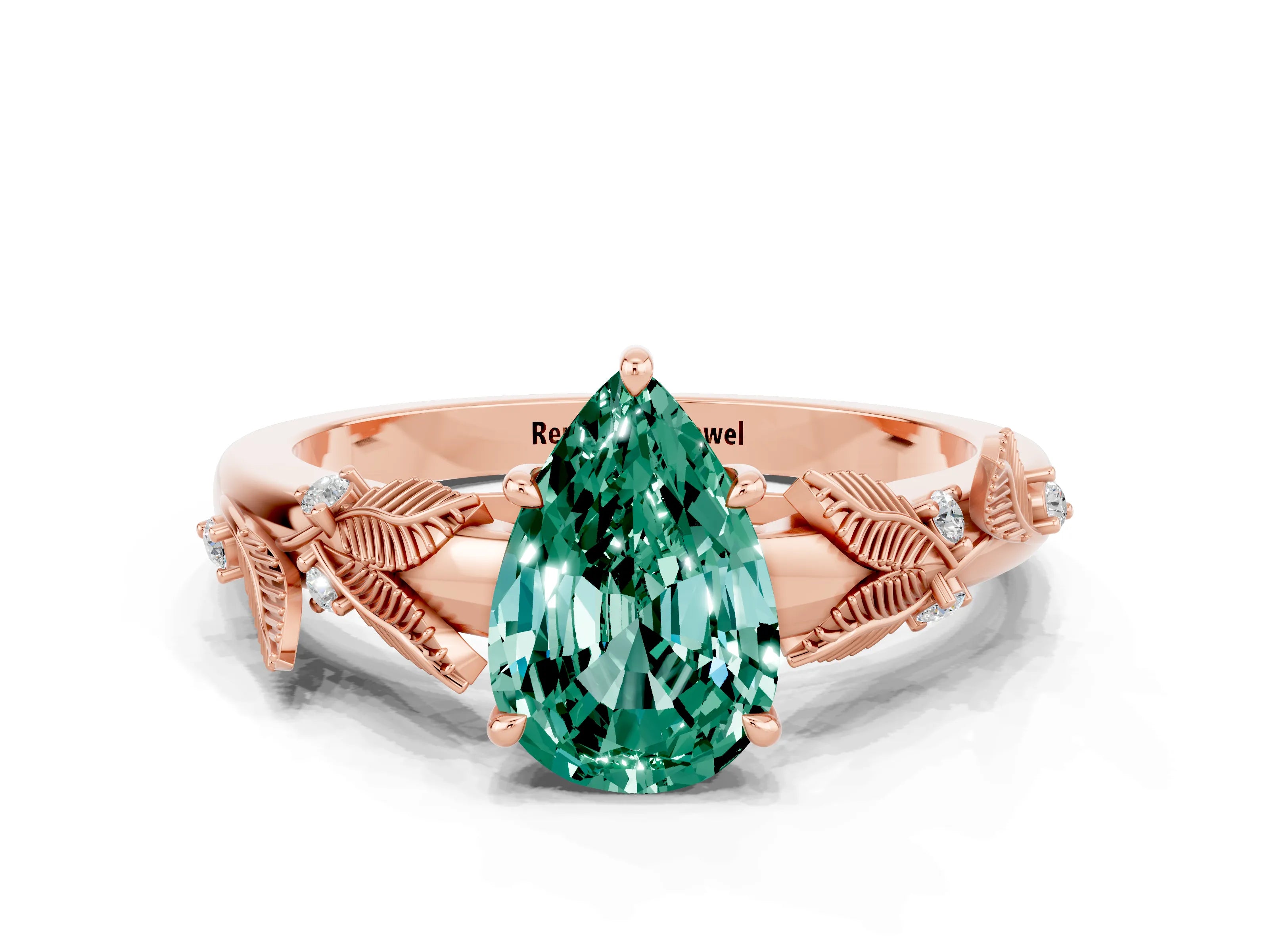 Rose gold Pear Cut Green Sapphire Solitaire Ring with Leaf Motif Band and Four-Prong Setting