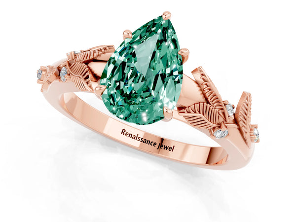Rose gold Pear Cut Green Sapphire Solitaire Ring with Leaf Motif Band and Four-Prong Setting