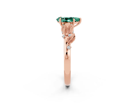 Rose gold Pear Cut Green Sapphire Solitaire Ring with Leaf Motif Band and Four-Prong Setting_2