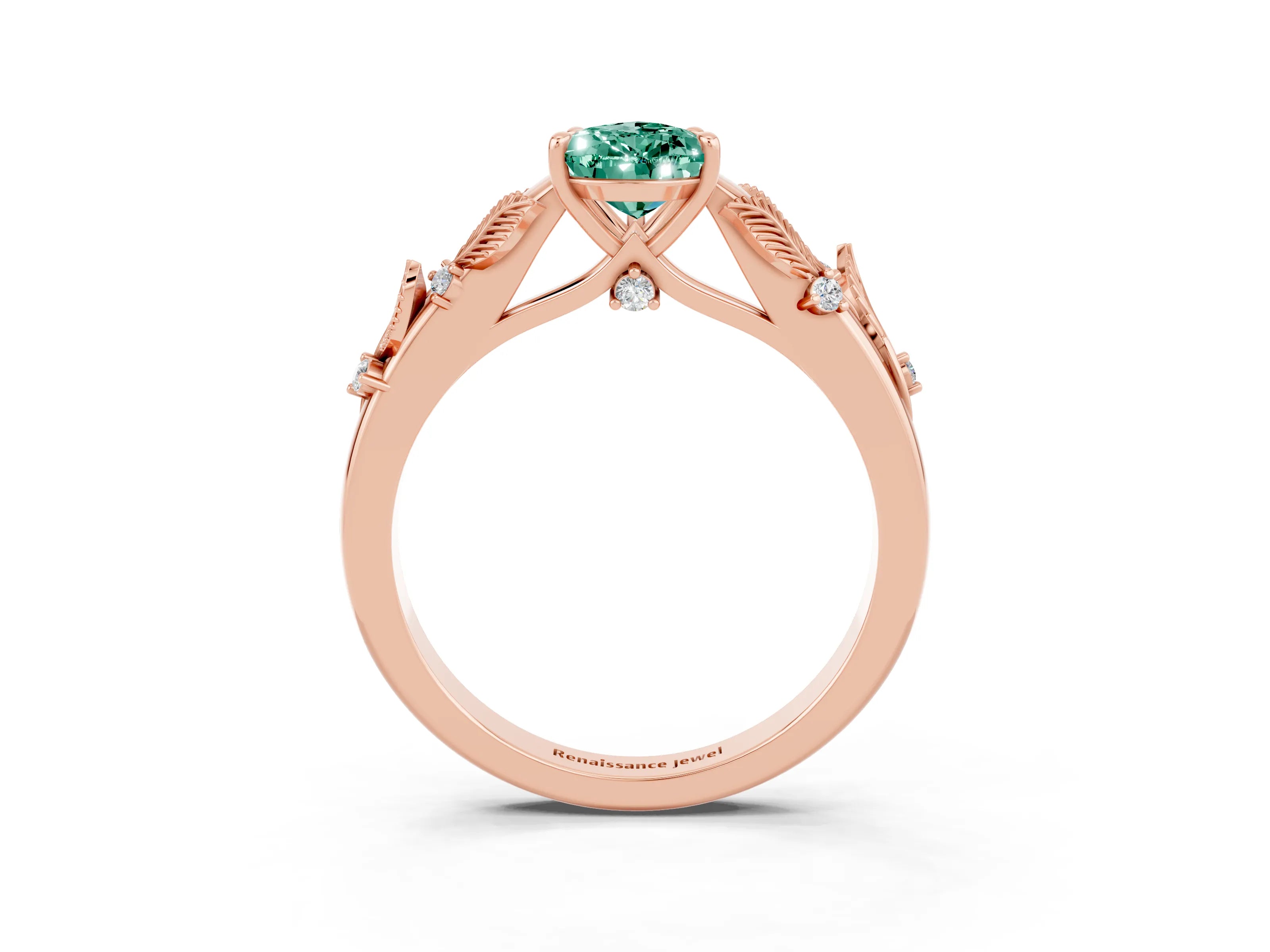 Rose gold Pear Cut Green Sapphire Solitaire Ring with Leaf Motif Band and Four-Prong Setting_3