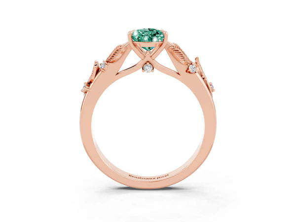 Rose gold Pear Cut Green Sapphire Solitaire Ring with Leaf Motif Band and Four-Prong Setting