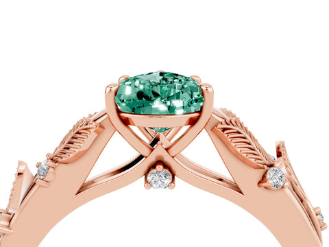 Rose gold Pear Cut Green Sapphire Solitaire Ring with Leaf Motif Band and Four-Prong Setting_4