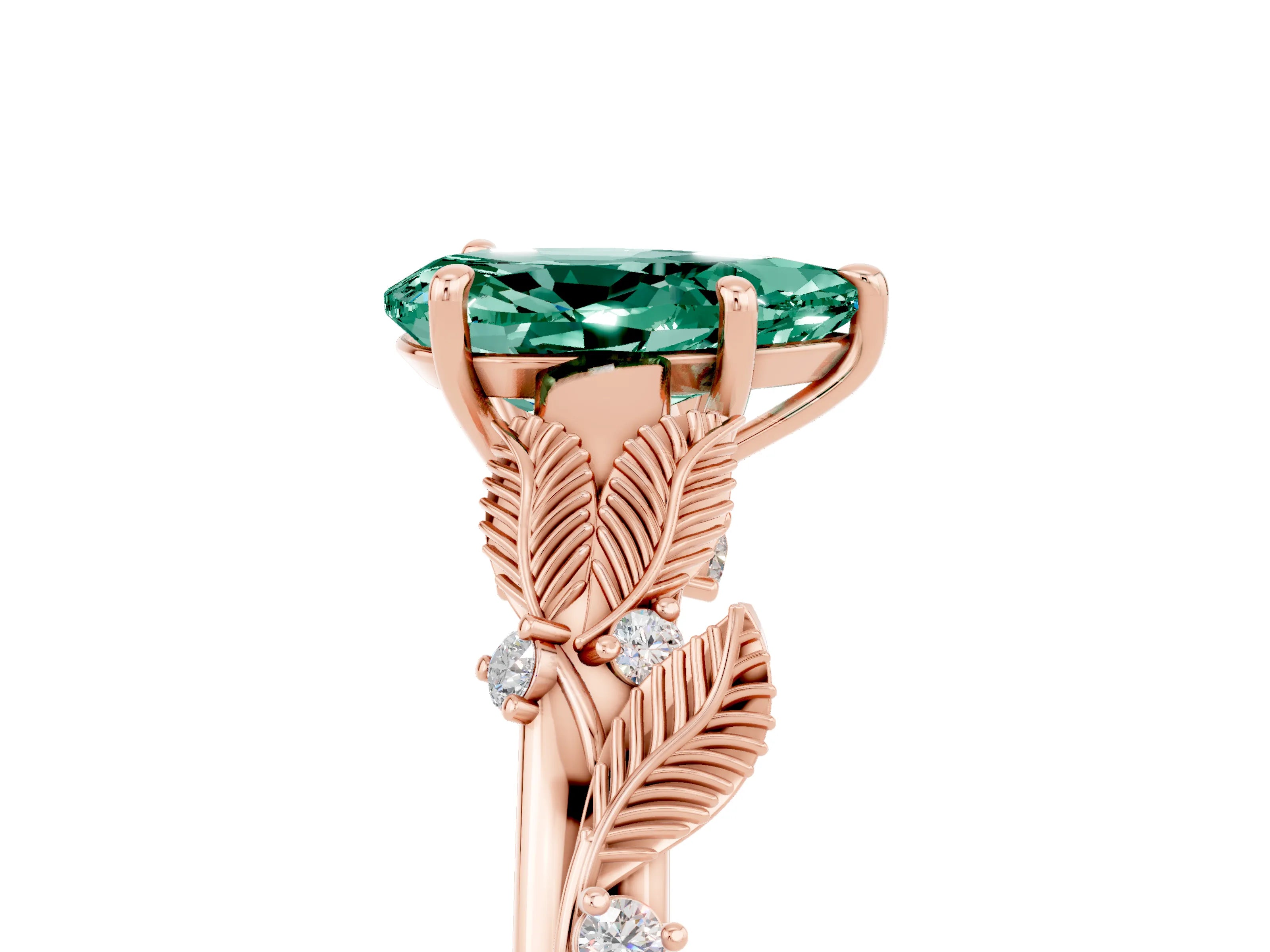 Rose gold Pear Cut Green Sapphire Solitaire Ring with Leaf Motif Band and Four-Prong Setting_5