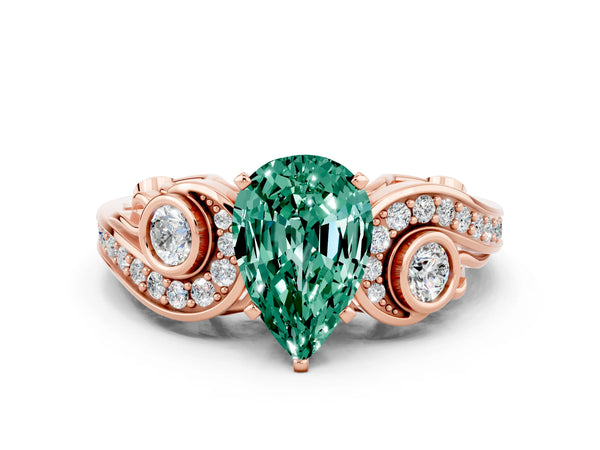 Rose gold Pear Cut Green Sapphire Solitaire Ring with Milgrain Pavé Band and Four-Prong Setting