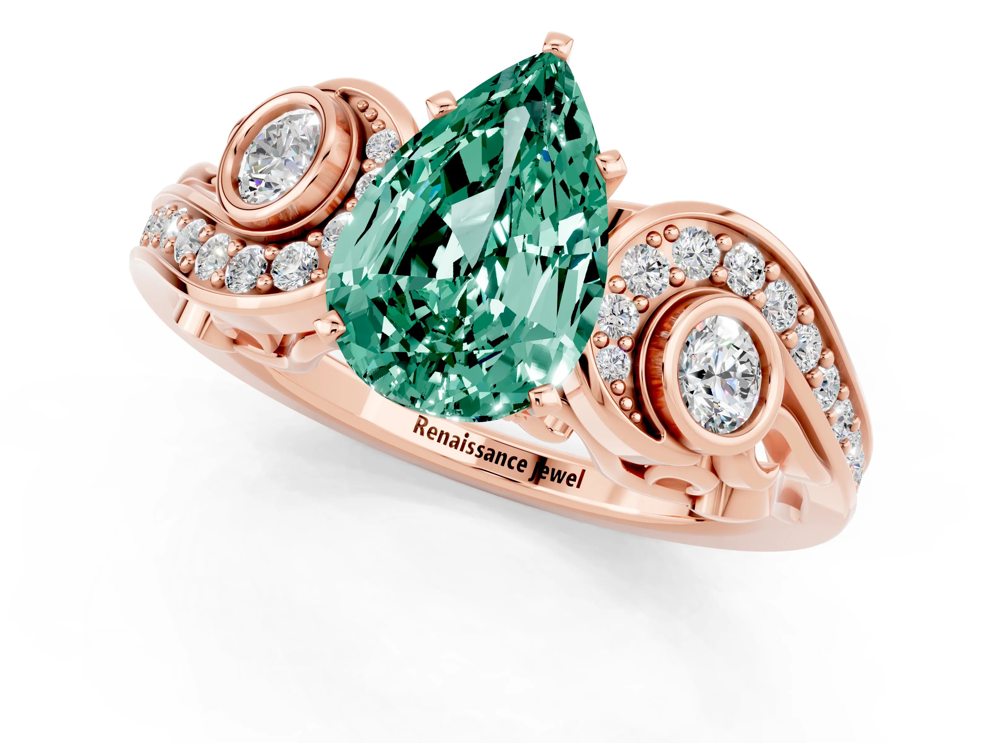 Rose gold Pear Cut Green Sapphire Solitaire Ring with Milgrain Pavé Band and Four-Prong Setting_25