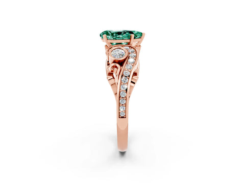 Rose gold Pear Cut Green Sapphire Solitaire Ring with Milgrain Pavé Band and Four-Prong Setting_26