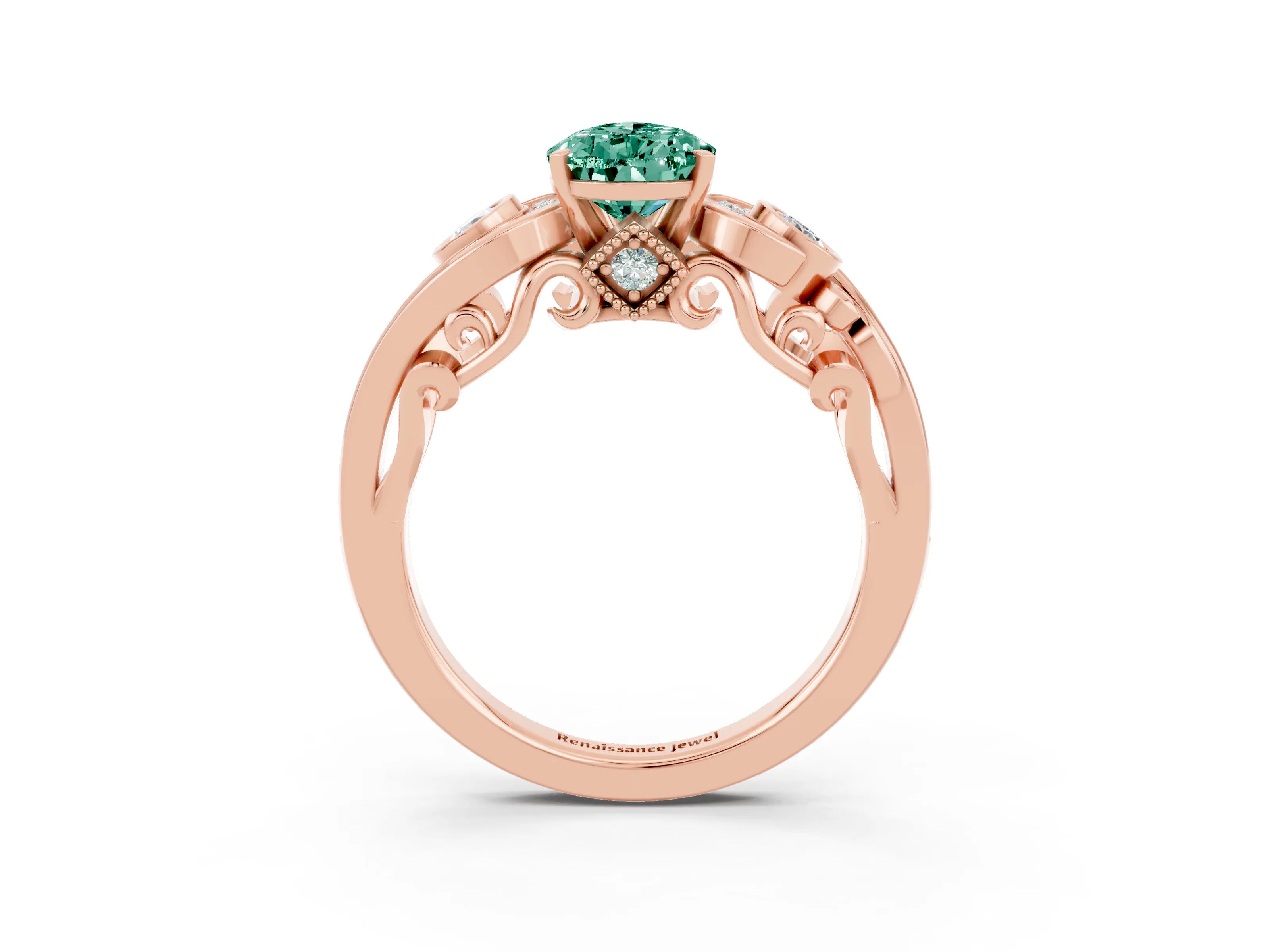 Rose gold Pear Cut Green Sapphire Solitaire Ring with Milgrain Pavé Band and Four-Prong Setting_27