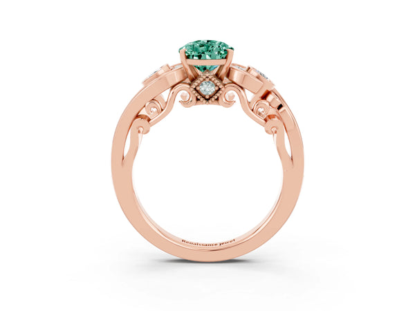 Rose gold Pear Cut Green Sapphire Solitaire Ring with Milgrain Pavé Band and Four-Prong Setting
