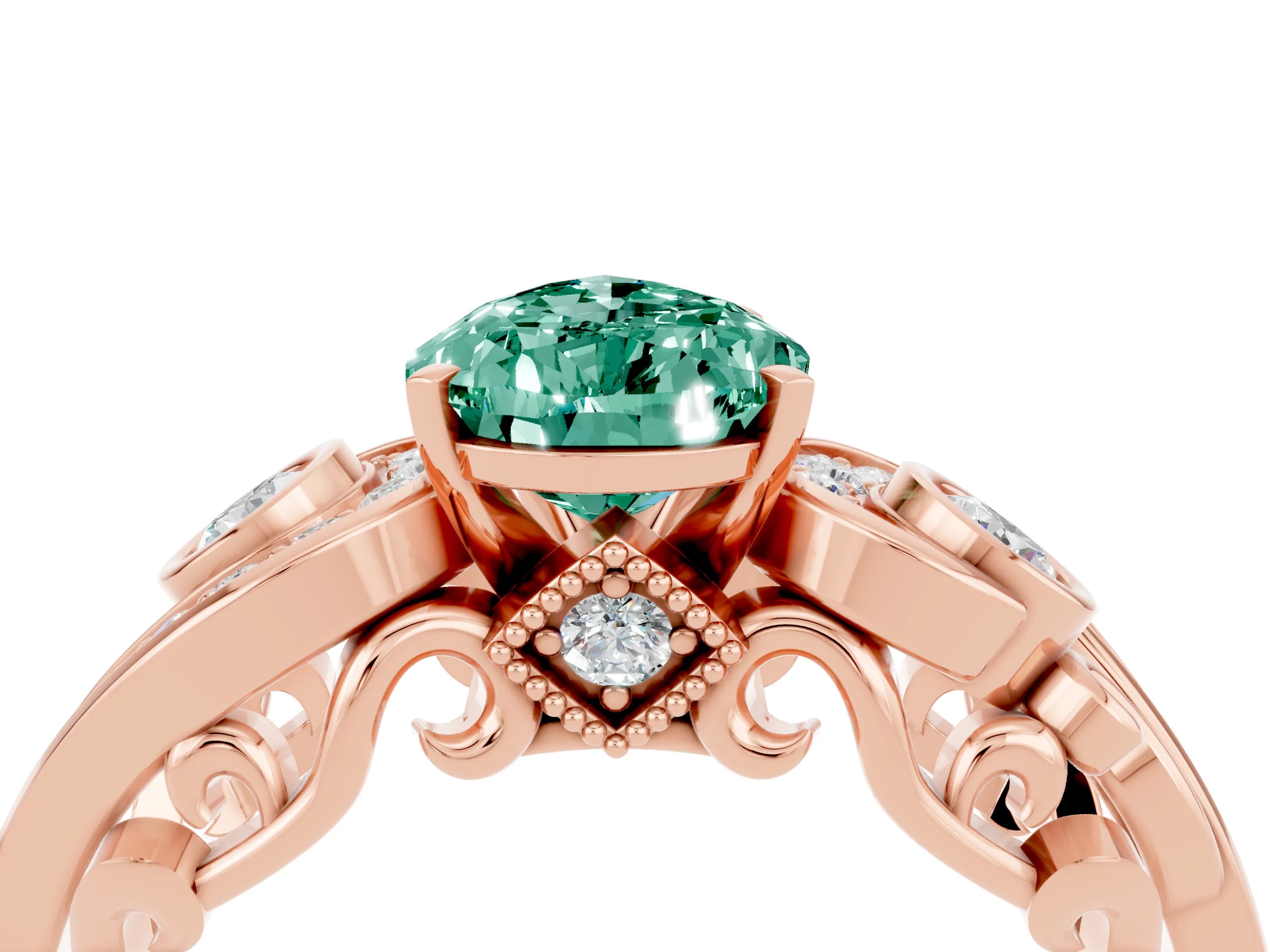 Rose gold Pear Cut Green Sapphire Solitaire Ring with Milgrain Pavé Band and Four-Prong Setting_28