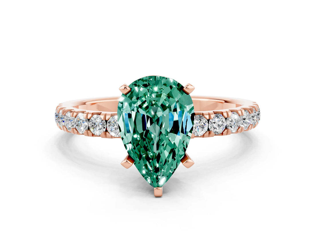 Rose gold Pear Cut Green Sapphire Solitaire Ring with Pavé Accents and Four-Prong Setting