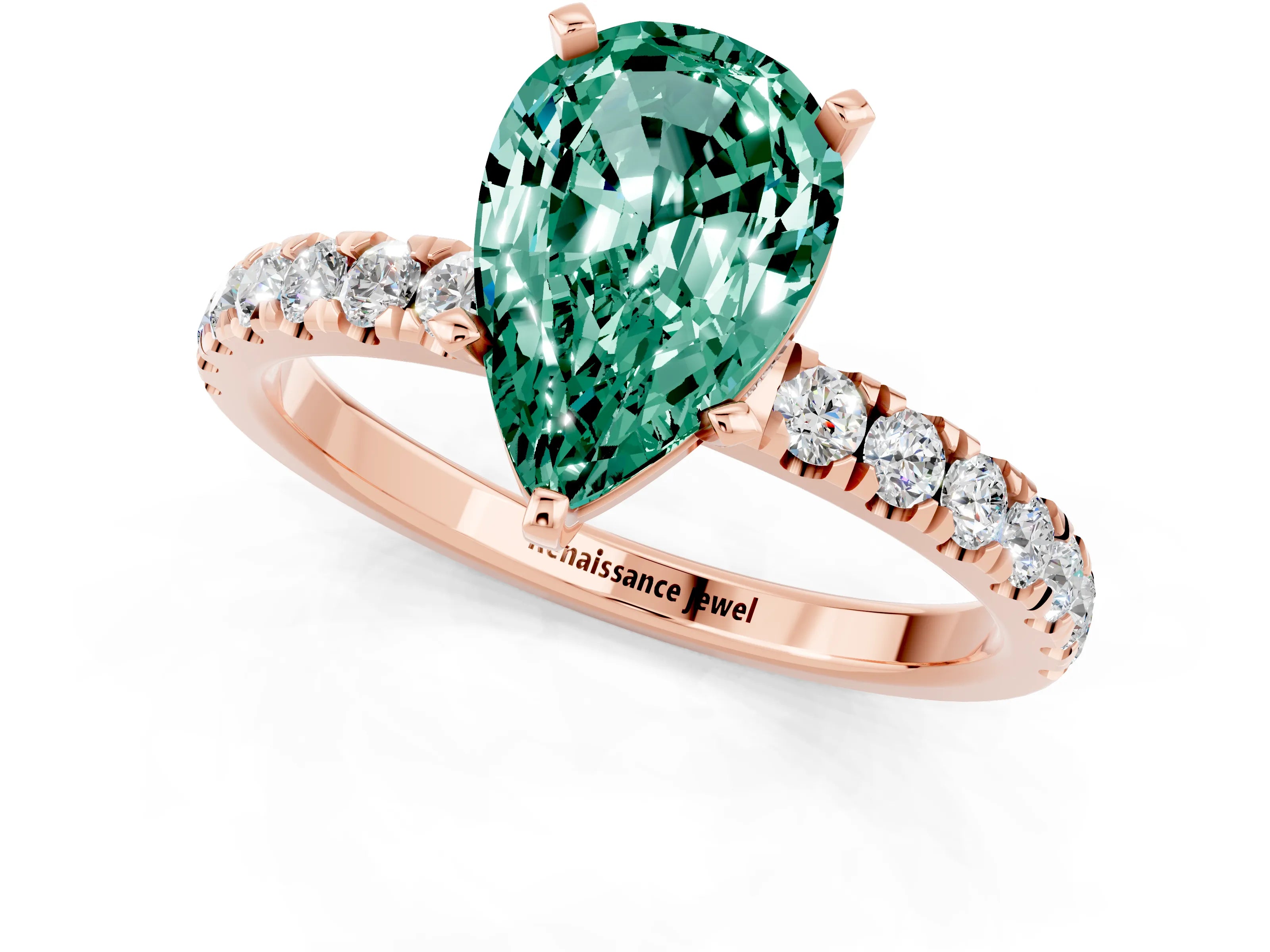 Rose gold Pear Cut Green Sapphire Solitaire Ring with Pavé Accents and Four-Prong Setting_1