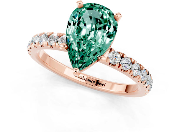 Rose gold Pear Cut Green Sapphire Solitaire Ring with Pavé Accents and Four-Prong Setting