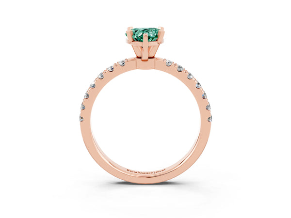 Rose gold Pear Cut Green Sapphire Solitaire Ring with Pavé Accents and Four-Prong Setting