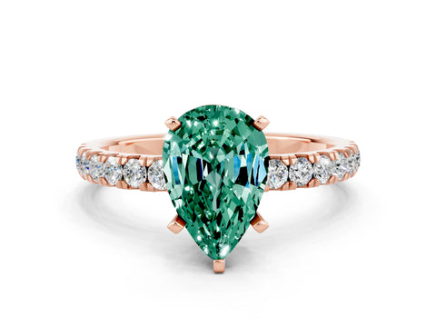 Rose gold Pear Cut Green Sapphire Solitaire Ring with Pavé Accents and Four-Prong Setting