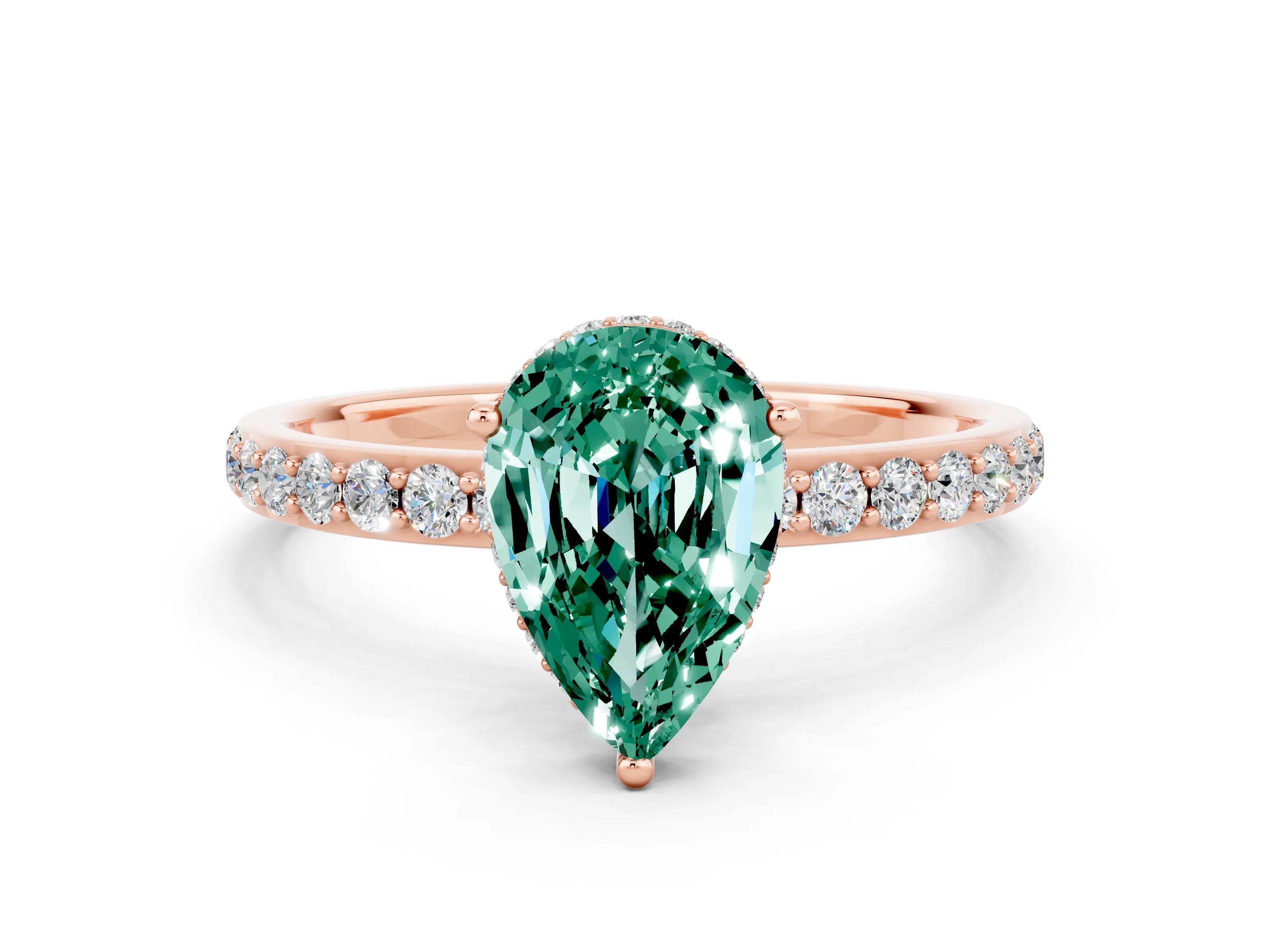 Rose gold Pear Cut Green Sapphire Solitaire Ring with Pavé Band and Hidden Halo_12