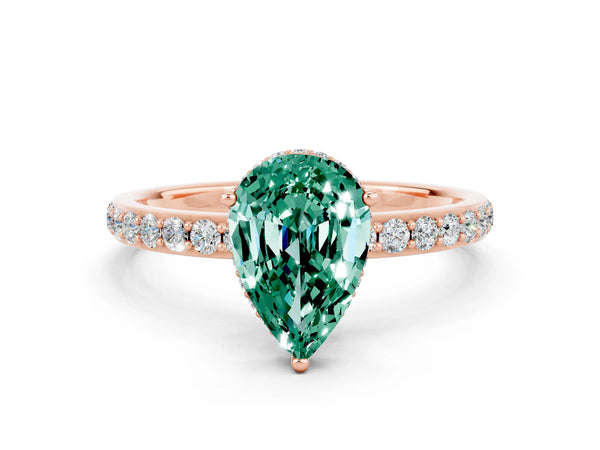 Rose gold Pear Cut Green Sapphire Solitaire Ring with Pavé Band and Hidden Halo