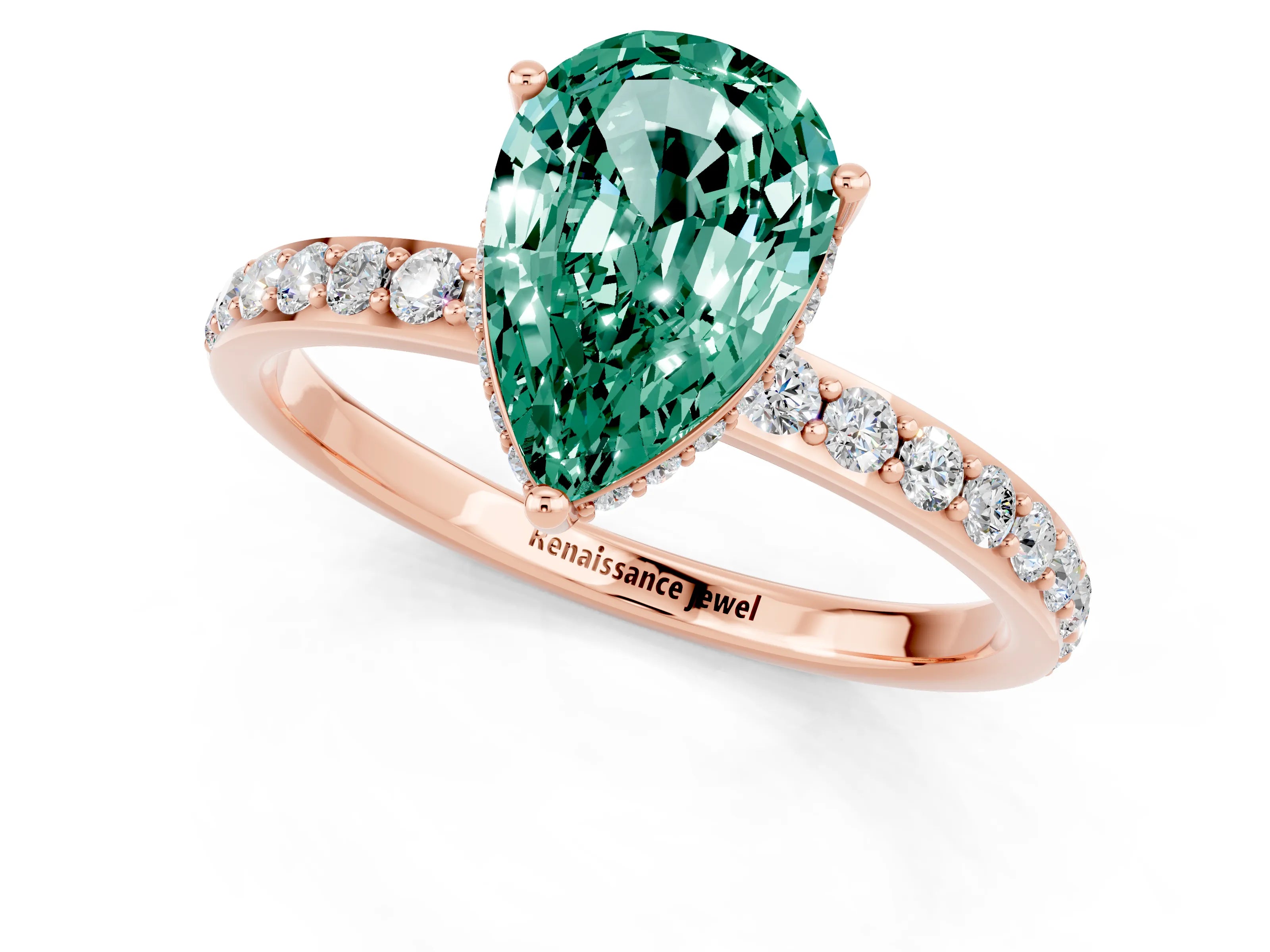 Rose gold Pear Cut Green Sapphire Solitaire Ring with Pavé Band and Hidden Halo_13