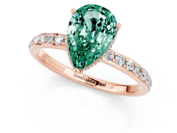 Rose gold Pear Cut Green Sapphire Solitaire Ring with Pavé Band and Hidden Halo