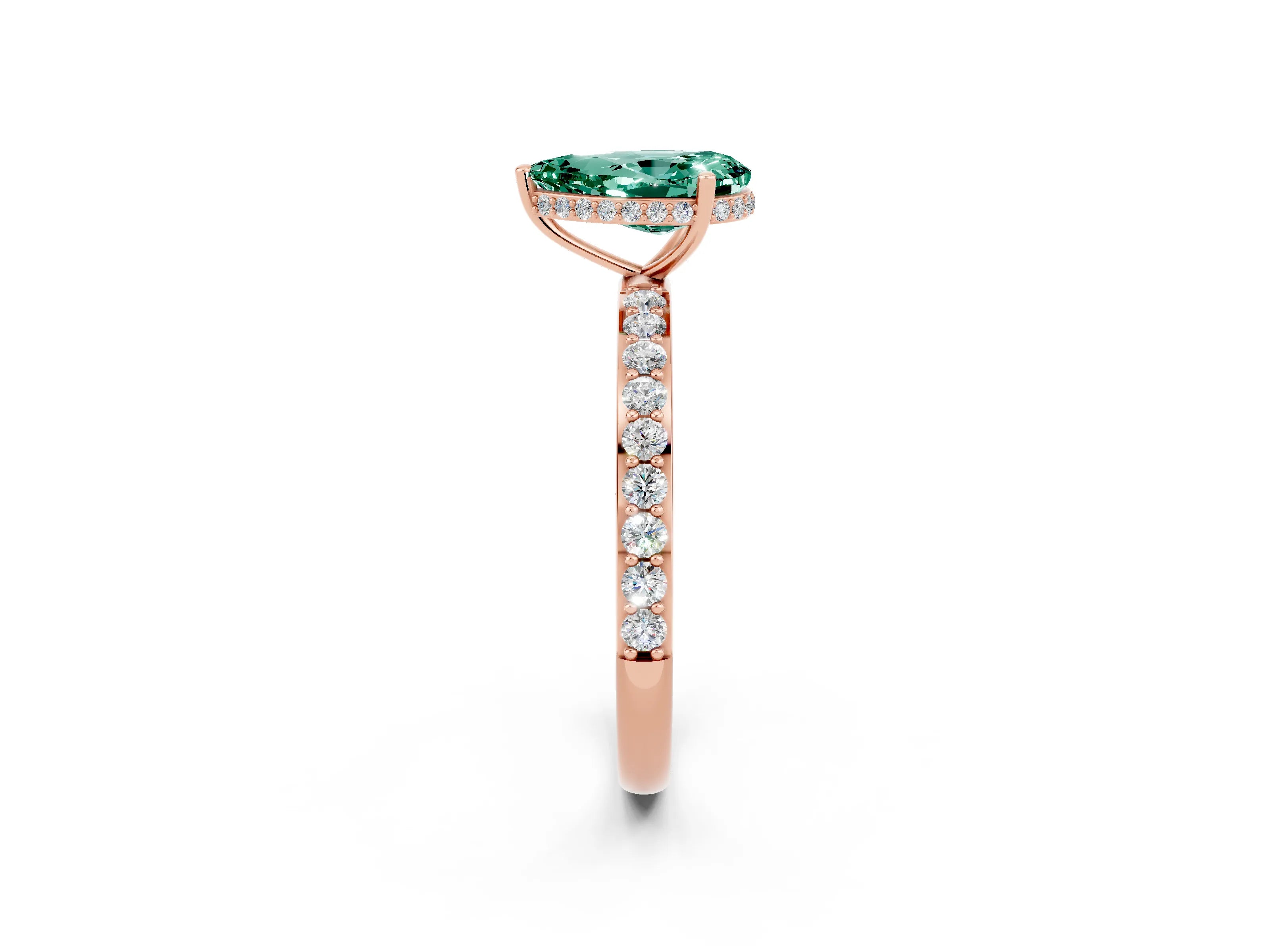 Rose gold Pear Cut Green Sapphire Solitaire Ring with Pavé Band and Hidden Halo_14