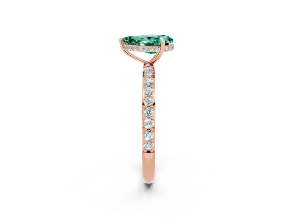 Rose gold Pear Cut Green Sapphire Solitaire Ring with Pavé Band and Hidden Halo