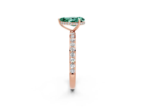 Rose gold Pear Cut Green Sapphire Solitaire Ring with Pavé Band and Hidden Halo_14